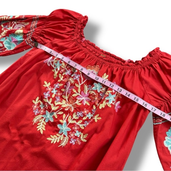 Free People Fleur Du Jour Floral Embroidered Red Off-Shoulder Mini Dress - Picture 12 of 16